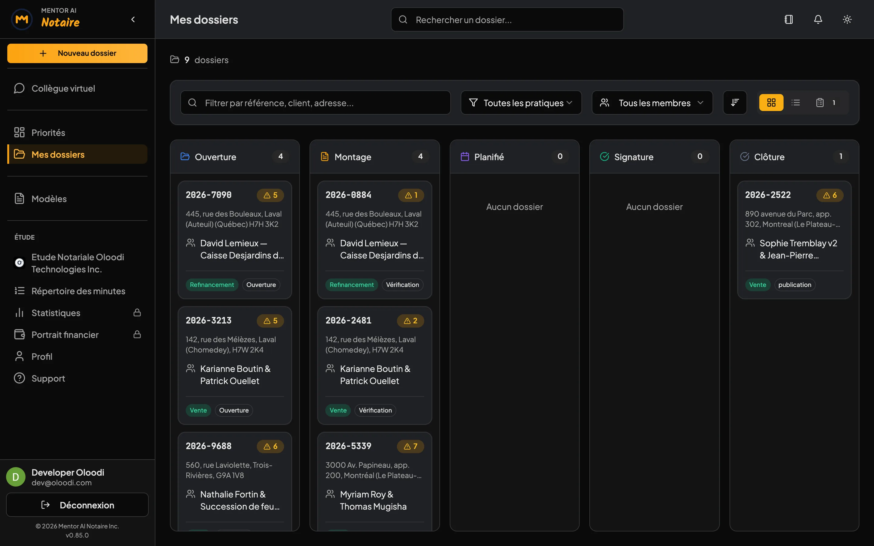 The Mentor platform: your practice's file dashboard, organized by stage